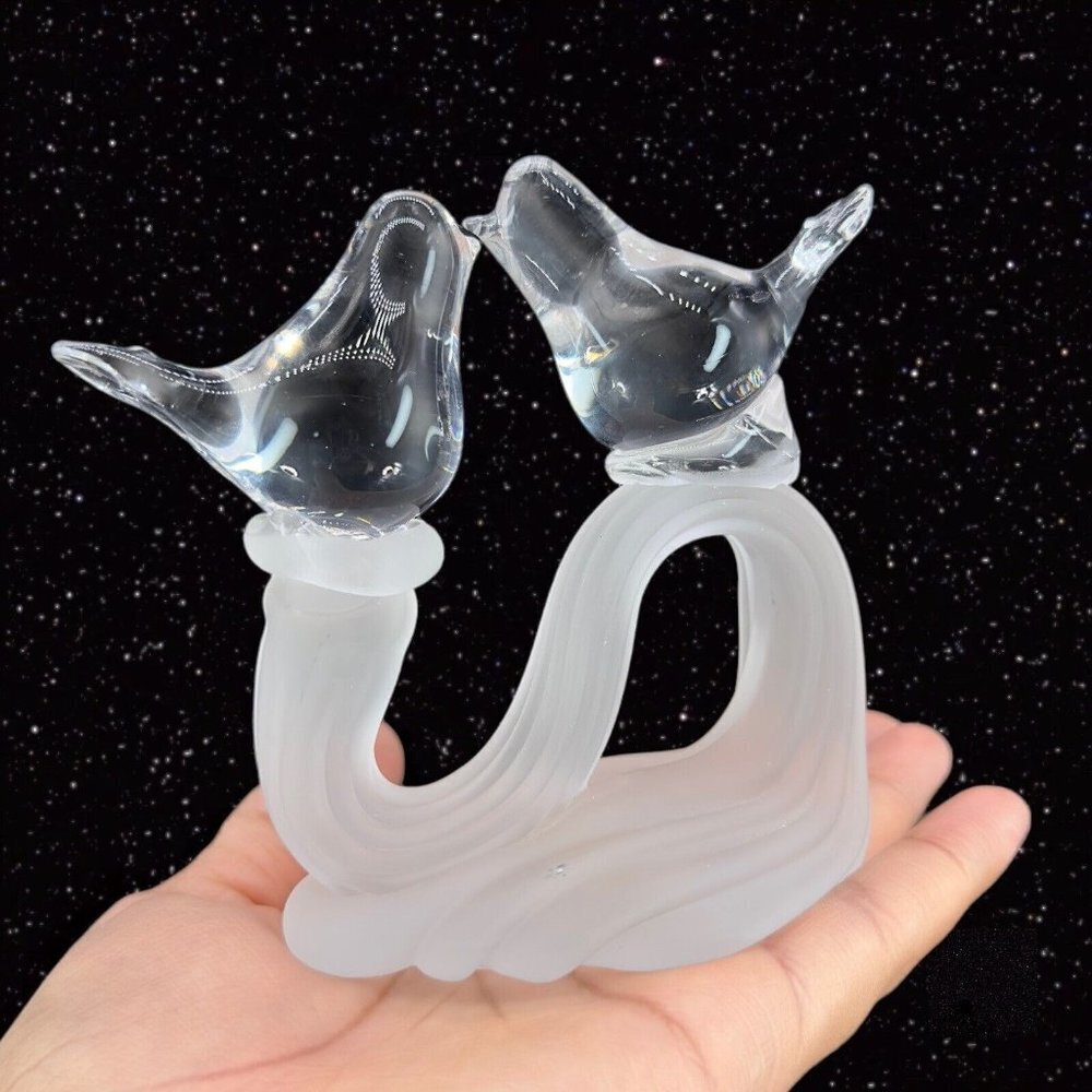 Vintage Love Bird Figurine Clear With Frosted Base Glass Paperweight Figure